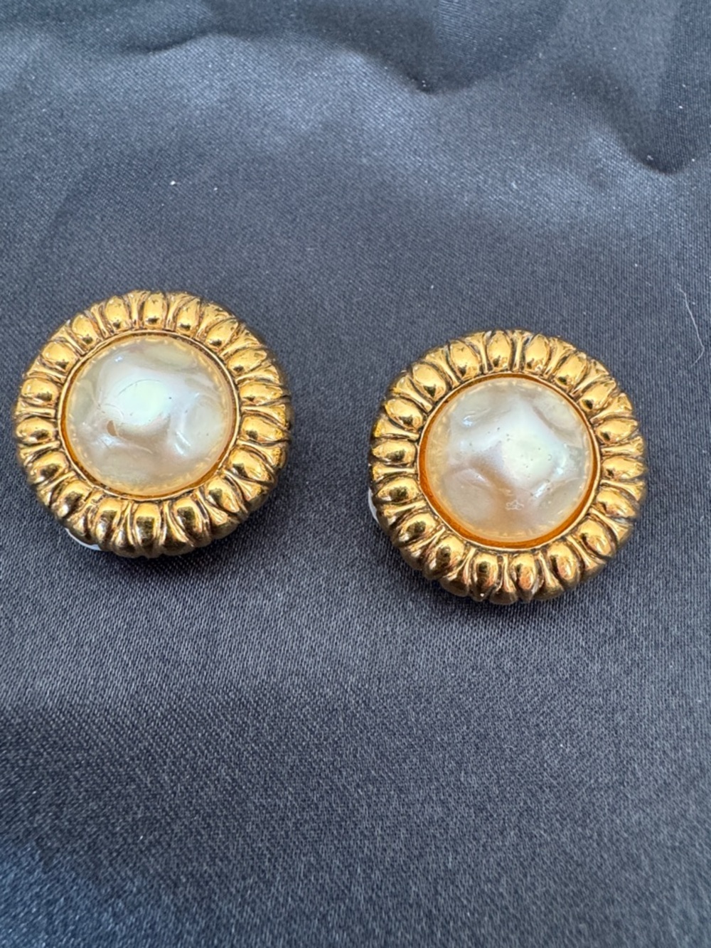 CHANEL Gold-Tone Button Earrings with Cream Faux Pearls